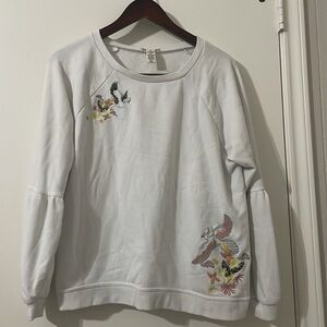 Westbound Birds Embroidered Pullover Sweater Cream Womens Size L Balloon Sleeves